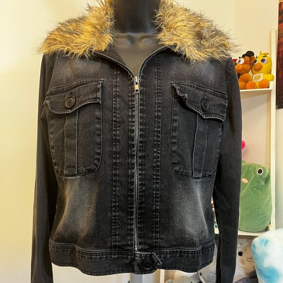 Judith March Black Denim Jacket Faux Fur Collar Women’s Size Small - Picture 1 of 6